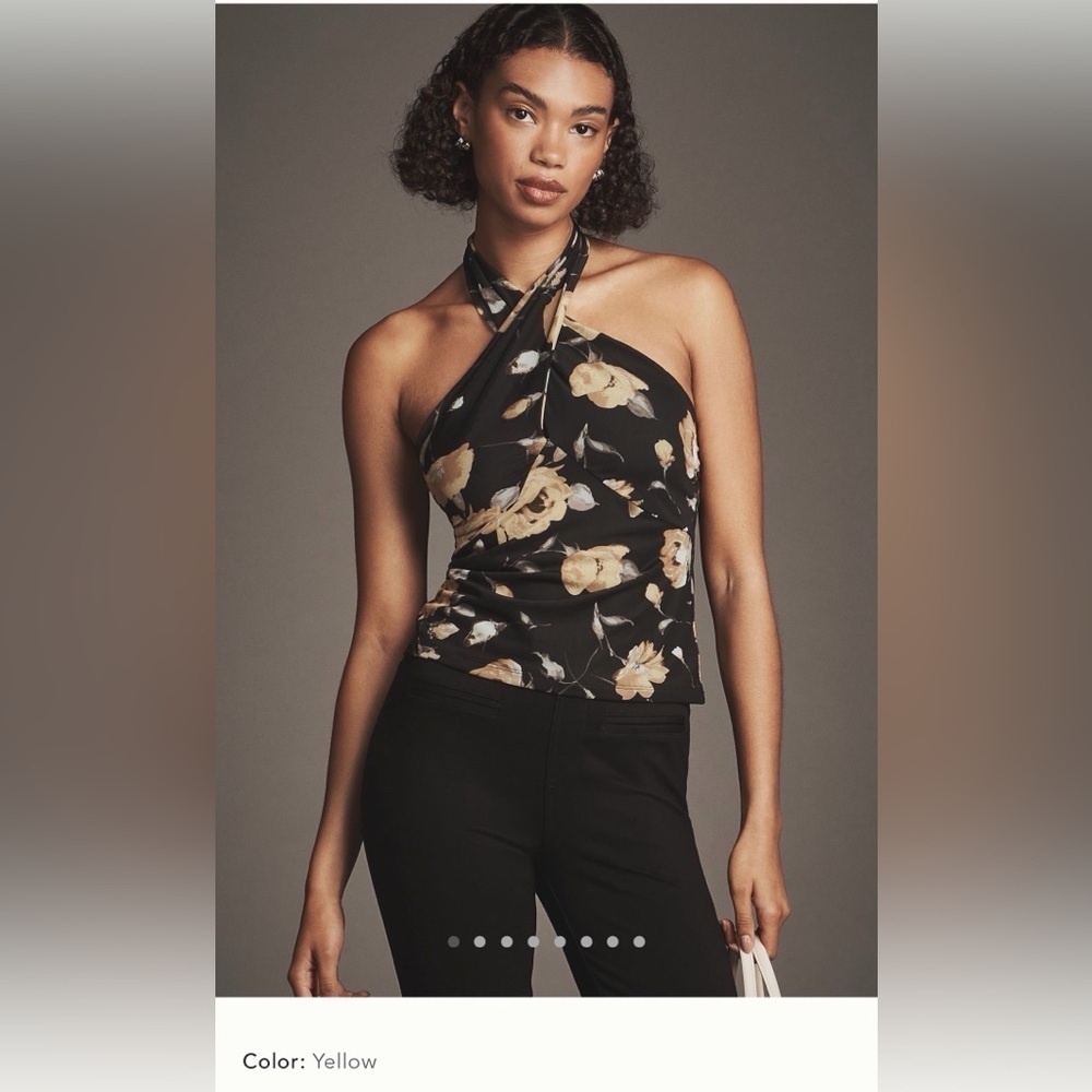 NWT new small Anthropologie mesh Floral Halter Neck Top Black yellow floral